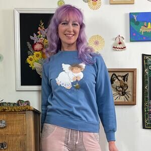 Vintage Grannycore Crew Neck, 90s Country Angel Sweatshirt in Blue Sz S-M